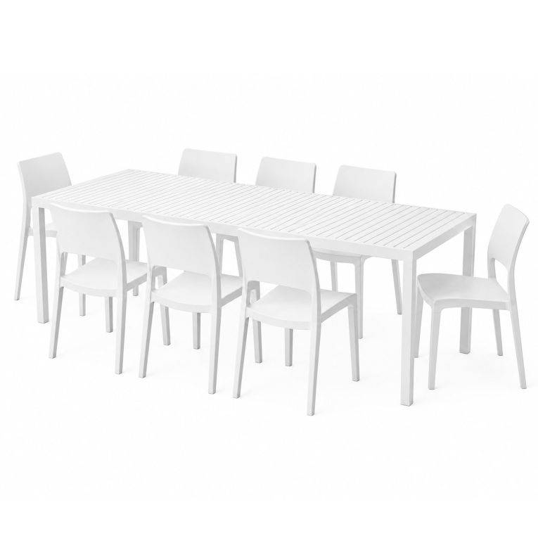 Set Salotto da Esterno Bianco 8 Posti Tavolo Tavolo Allungabile, Finitura Effetto Doghe Made in Italy - Masibanno