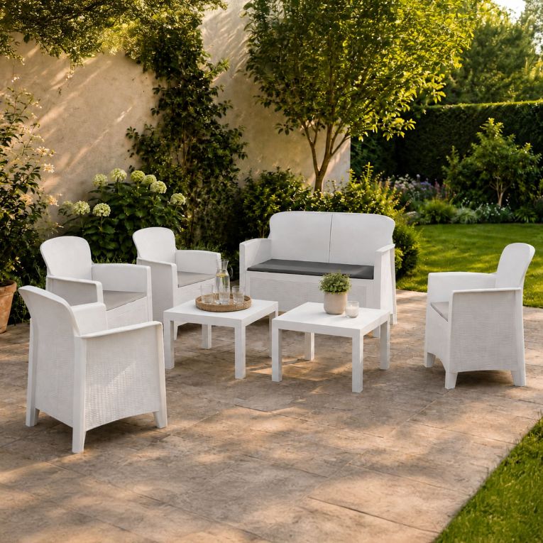 Set Salotto da Esterno Bianco Bianco 6 Posti 2 Tavolini, Beige Made in Italy - Curno