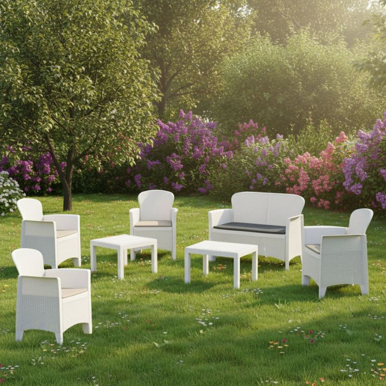 Set Salotto da Esterno Bianco Bianco 6 Posti 2 Tavolini, Beige Made in Italy - Curno