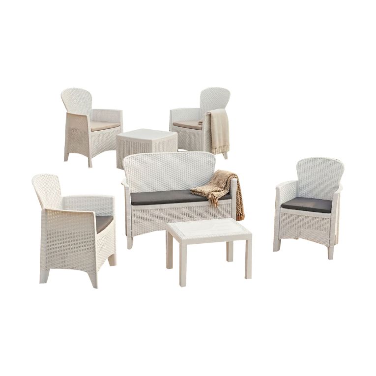 Set Salotto da Esterno Bianco Bianco 6 Posti 2 Tavolini, Impermeabile Idrorepellente Made in Italy - Dervio
