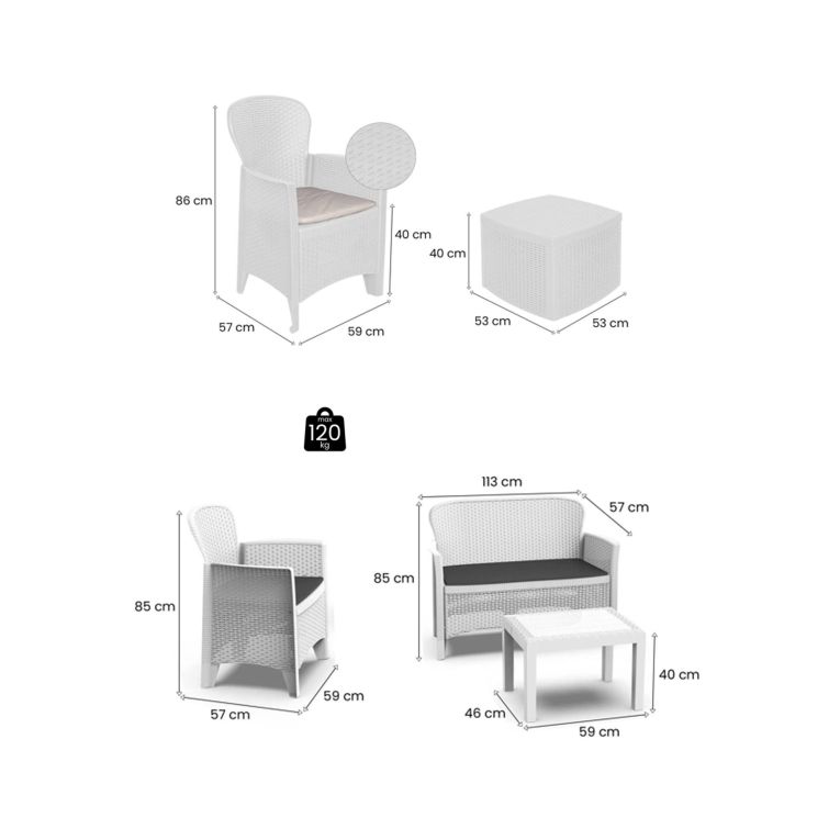 Set Salotto da Esterno Bianco Bianco 6 Posti 2 Tavolini, Impermeabile Idrorepellente Made in Italy - Dervio