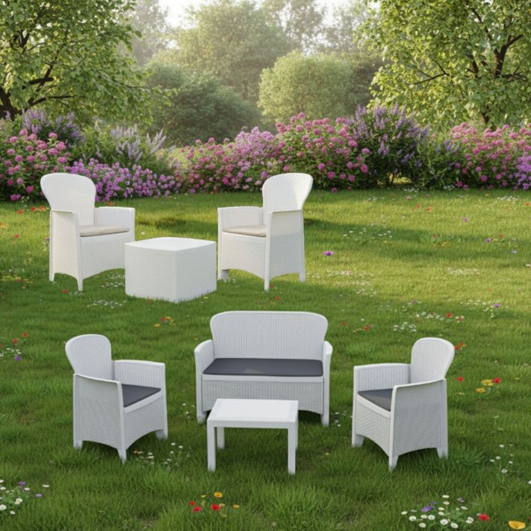 Set Salotto da Esterno Bianco Bianco 6 Posti 2 Tavolini, Impermeabile Idrorepellente Made in Italy - Dervio