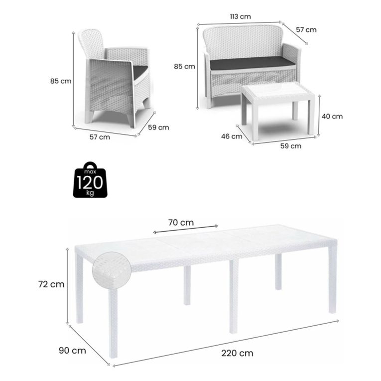 Set Salotto da Esterno Bianco Bianco Salottino 4 Posti, Tavolo 10 Posti Posti un Tavolino, Impermeabile Idrorepellente Made in Italy - Domaso