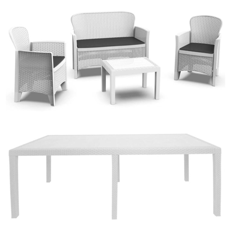 Set Salotto da Esterno Bianco Bianco Salottino 4 Posti, Tavolo 10 Posti Posti un Tavolino, Impermeabile Idrorepellente Made in Italy - Domaso