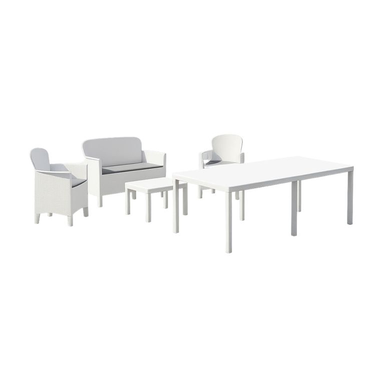 Set Salotto da Esterno Bianco Bianco Salottino 4 Posti, Tavolo 10 Posti Posti un Tavolino, Impermeabile Idrorepellente Made in Italy - Domaso