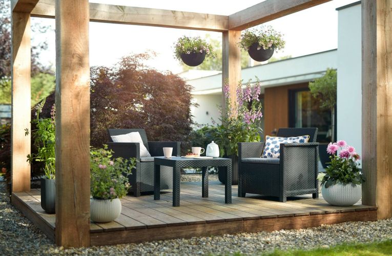 Set salotto da esterno Caluso, Salottino outdoor, Set da balcone o giardino, Composizione soggiorno per esterni, 65x63 h74 cm, Antracite