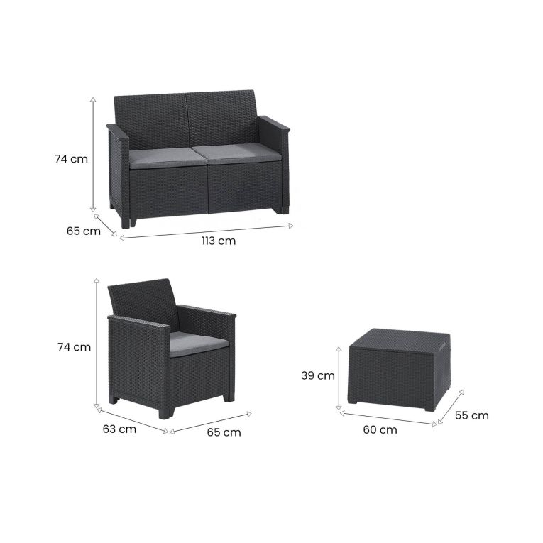 Set salotto da esterno Capalbio, Salottino outdoor da balcone o giardino, Set soggiorno per esterni, Antracite, Sofà 2 posti