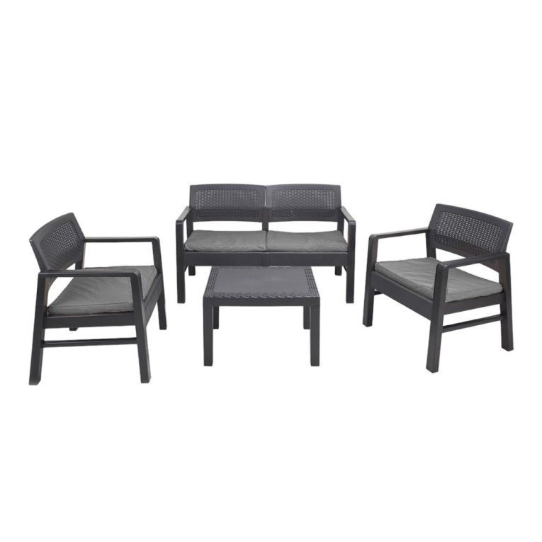 Set salotto da esterno Carpi, Set da giardino con 2 poltrone, 1 divano ed 1 tavolino, Salottino effetto rattan con cuscini, 100% Made in Italy, Antracite