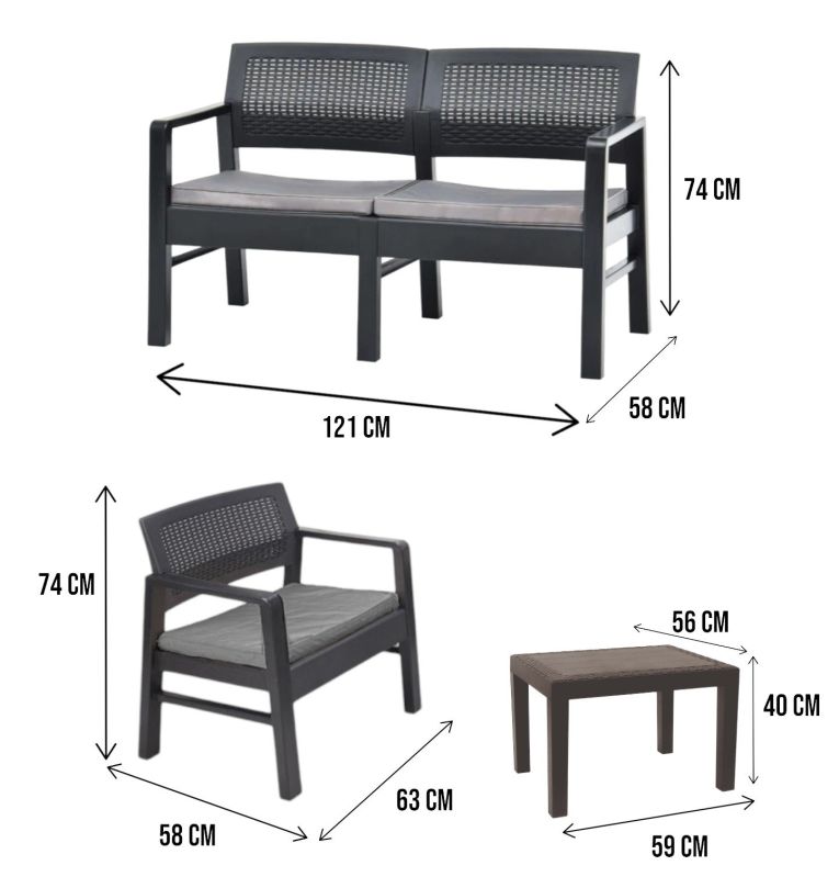 Set salotto da esterno Carpi, Set da giardino con 2 poltrone, 1 divano ed 1 tavolino, Salottino effetto rattan con cuscini, 100% Made in Italy, Antracite