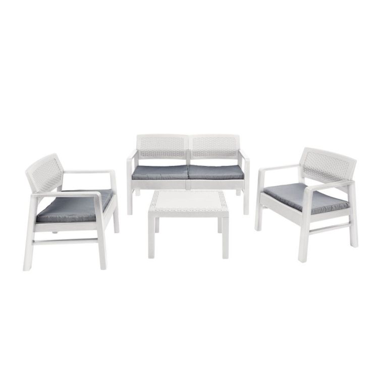 Set salotto da esterno Carpi, Set da giardino con 2 poltrone, 1 divano ed 1 tavolino, Salottino effetto rattan con cuscini, 100% Made in Italy, Bianco