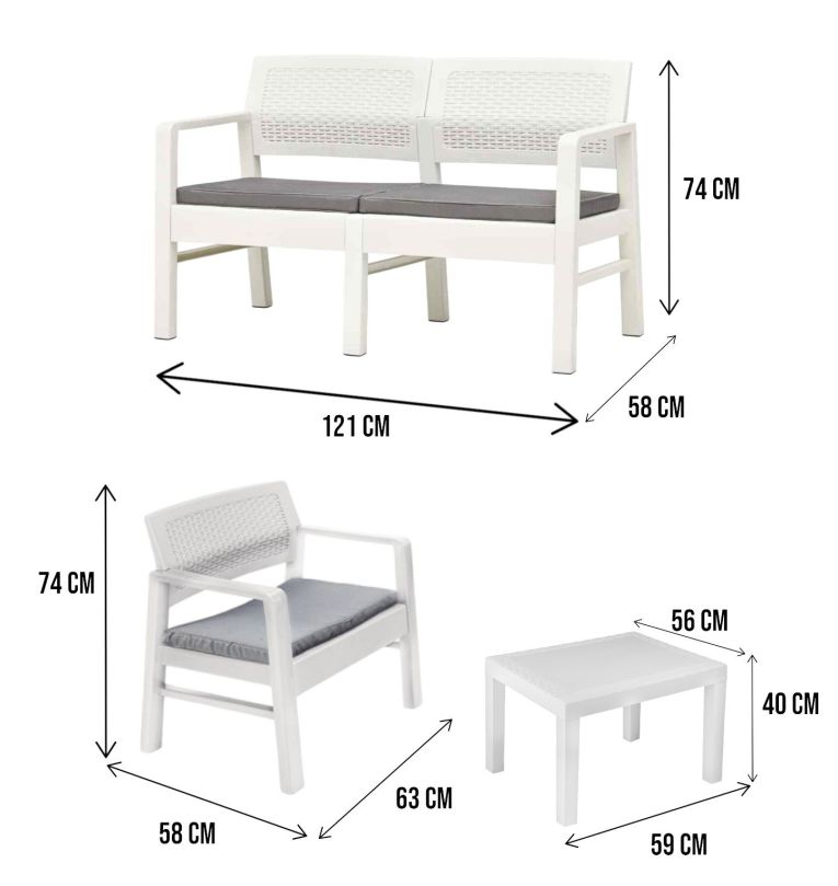 Set salotto da esterno Carpi, Set da giardino con 2 poltrone, 1 divano ed 1 tavolino, Salottino effetto rattan con cuscini, 100% Made in Italy, Bianco