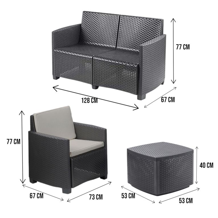 Set salotto da esterno Catanzaro, Set da giardino con 2 poltrone,1 divano e 1 tavolino contenitore, effetto rattan con cuscini, 100% Made in Italy, Antracite
