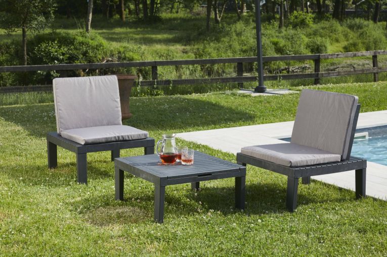 Set salotto da esterno Cervia, Set da giardino con 2 sedute con schienale ed 1 modulo multifunzione, Salottino con cuscini, 100% Made in Italy, Antracite