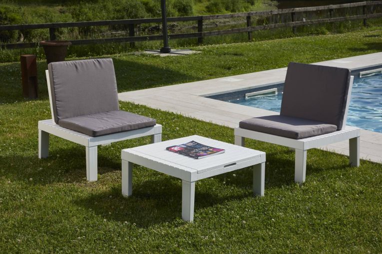 Set salotto da esterno Cervia, Set da giardino con 2 sedute con schienale ed 1 modulo multifunzione, Salottino con cuscini, 100% Made in Italy, Bianco
