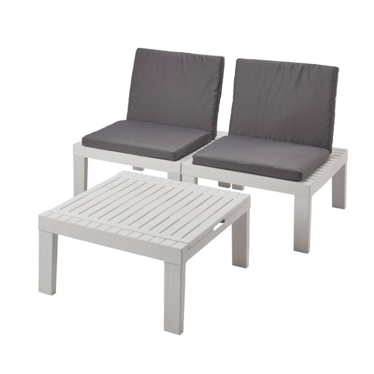 Set salotto da esterno Cervia, Set da giardino con 2 sedute con schienale ed 1 modulo multifunzione, Salottino con cuscini, 100% Made in Italy, Bianco
