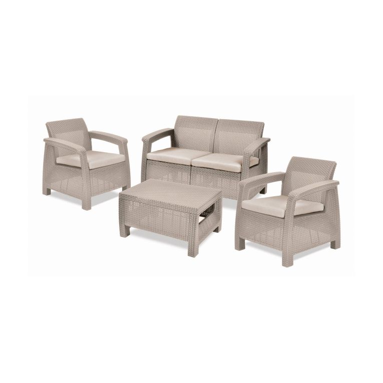 Set salotto da esterno Dolcedo, Salottino outdoor, Set da balcone o giardino, Composizione soggiorno per esterni, 128x70 h79 cm, Beige