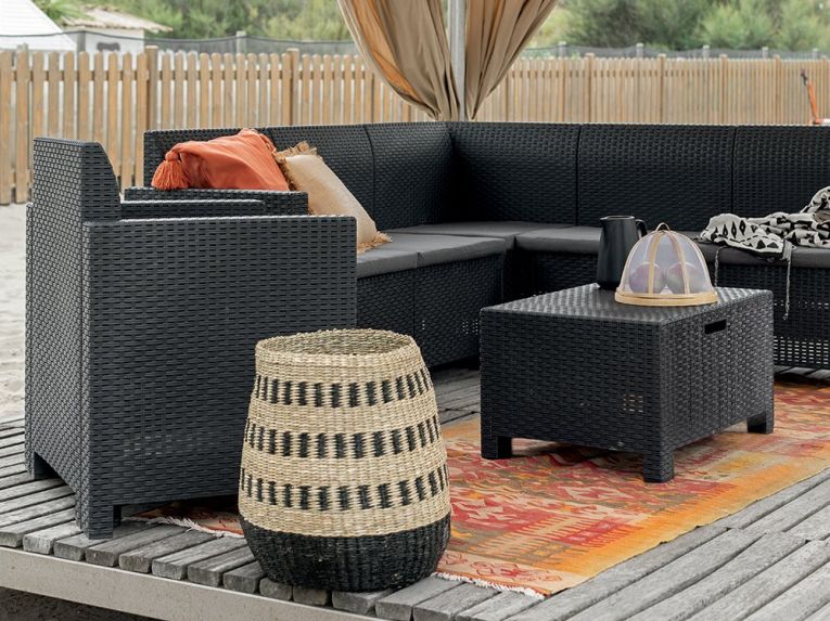 Set salotto da esterno Eris, Set da giardino con cuscini, Salottino indoor e outdoor effetto rattan, 100% Made in Italy, Antracite