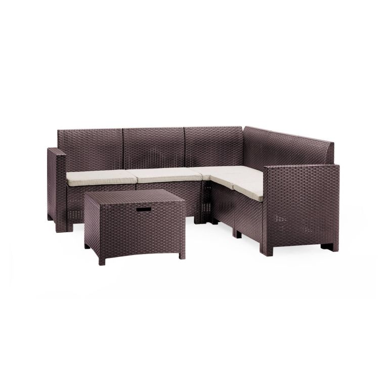 Set salotto da esterno Eris, Set da giardino con cuscini, Salottino indoor e outdoor effetto rattan, 100% Made in Italy, Marrone