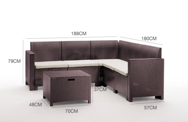 Set salotto da esterno Eris, Set da giardino con cuscini, Salottino indoor e outdoor effetto rattan, 100% Made in Italy, Marrone