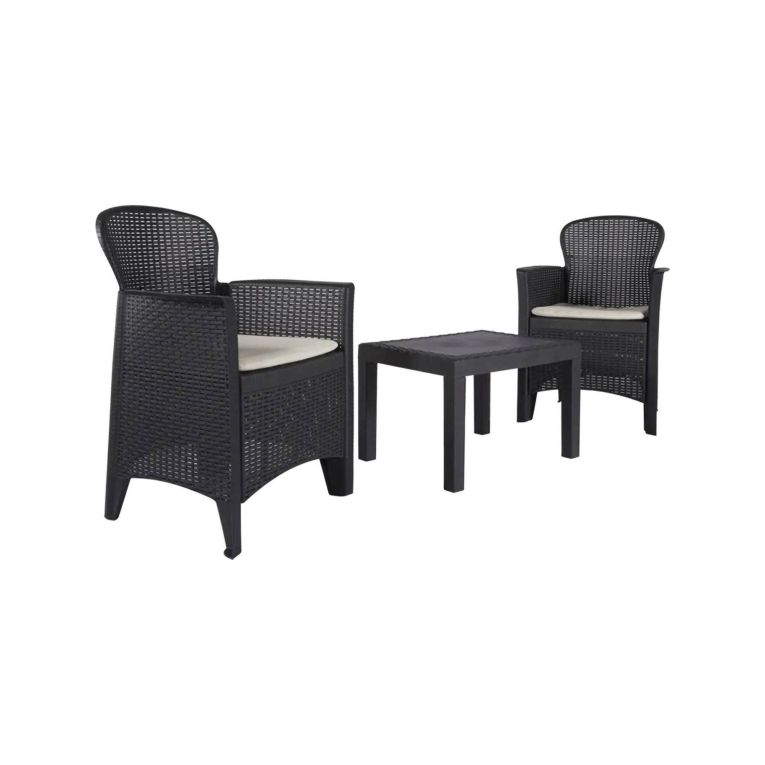 Set salotto da esterno Foggia, Set da giardino con 2 poltrone ed 1 tavolino, Salottino effetto rattan con cuscini, 100% Made in Italy, Antracite