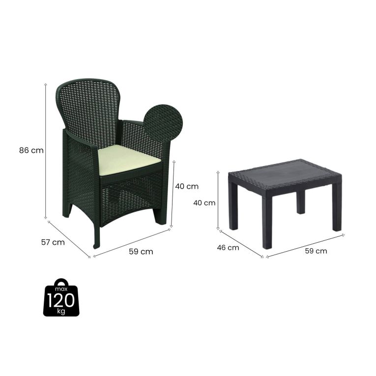 Set salotto da esterno Foggia, Set da giardino con 2 poltrone ed 1 tavolino, Salottino effetto rattan con cuscini, 100% Made in Italy, Antracite