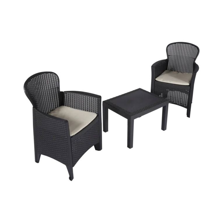Set salotto da esterno Foggia, Set da giardino con 2 poltrone ed 1 tavolino, Salottino effetto rattan con cuscini, 100% Made in Italy, Antracite