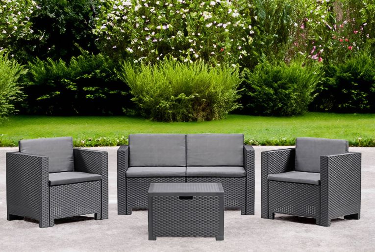 Set salotto da esterno Kuiper, Salottino outdoor, Set da balcone o giardino, Composizione soggiorno per esterni, Made in Italy, Antracite