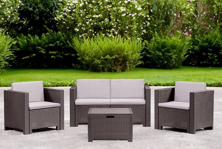 Set salotto da esterno Kuiper, Salottino outdoor, Set da balcone o giardino, Composizione soggiorno per esterni, Made in Italy, Marrone
