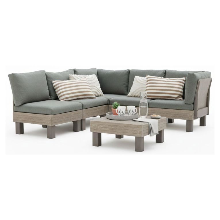 Set Salotto da Esterno Marrone Noce Grigio 5 Posti un Tavolino, Componibile Modulabile Resistente ai Raggi uv Impermeabile - Kendrick