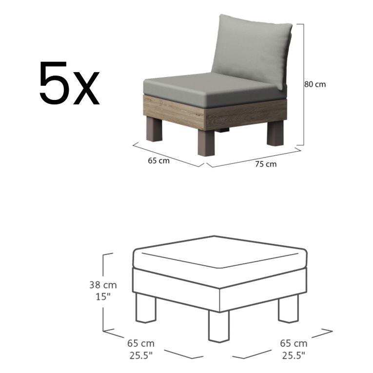 Set Salotto da Esterno Marrone Noce Grigio 5 Posti un Tavolino, Componibile Modulabile Resistente ai Raggi uv Impermeabile - Kendrick
