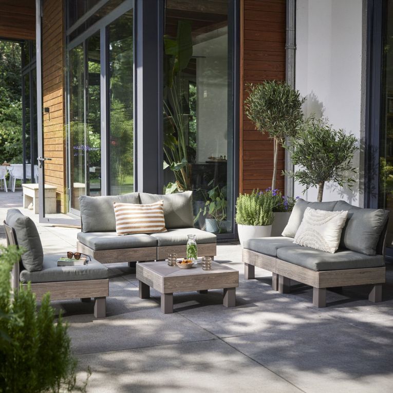 Set Salotto da Esterno Marrone Noce Grigio 5 Posti un Tavolino, Componibile Modulabile Resistente ai Raggi uv Impermeabile - Kendrick