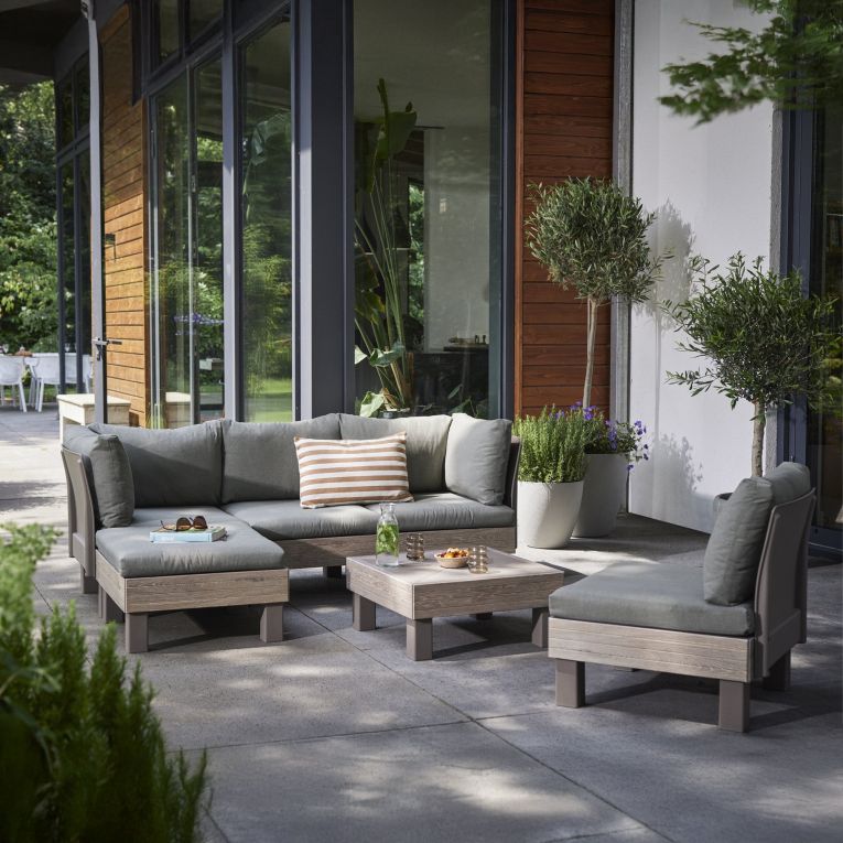 Set Salotto da Esterno Marrone Noce Grigio 5 Posti un Tavolino, Componibile Modulabile Resistente ai Raggi uv Impermeabile - Kendrick