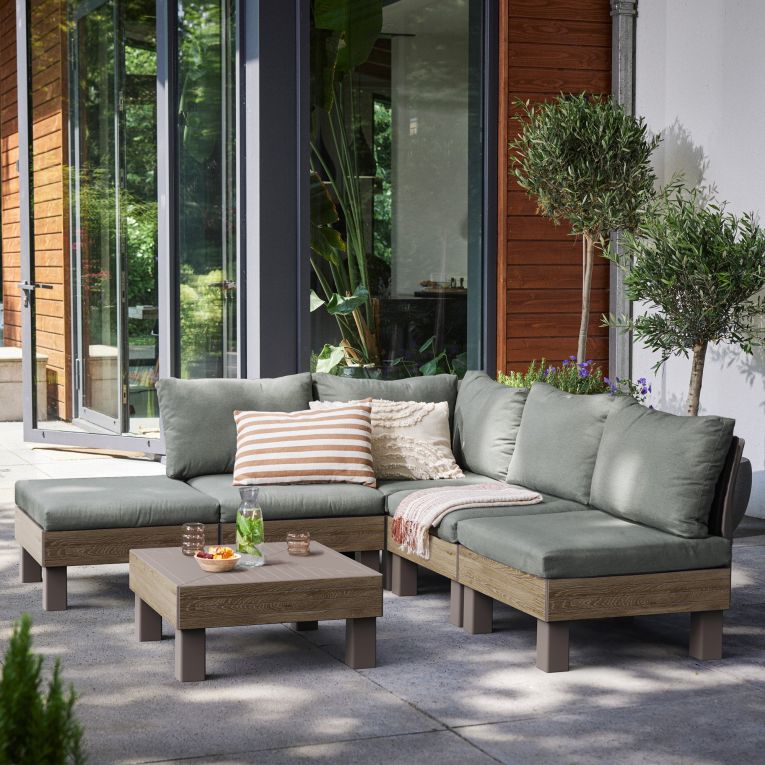 Set Salotto da Esterno Marrone Noce Grigio 5 Posti un Tavolino, Componibile Modulabile Resistente ai Raggi uv Impermeabile - Kendrick