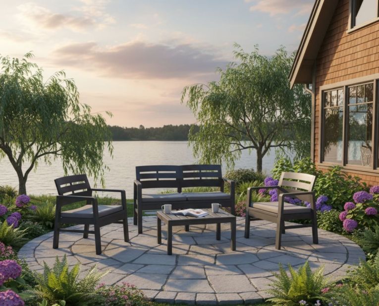 Set salotto da esterno Massa, Set da giardino con 2 poltrone, 1 divano ed 1 tavolino, Salottino indoor e outdoor con cuscini, 100% Made in Italy, Antracite