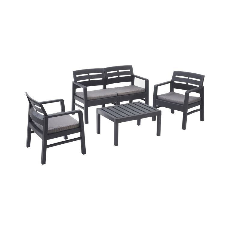 Set salotto da esterno Massa, Set da giardino con 2 poltrone, 1 divano ed 1 tavolino, Salottino indoor e outdoor con cuscini, 100% Made in Italy, Antracite