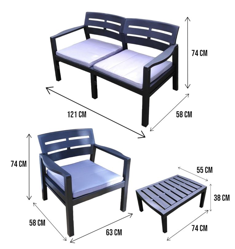 Set salotto da esterno Massa, Set da giardino con 2 poltrone, 1 divano ed 1 tavolino, Salottino indoor e outdoor con cuscini, 100% Made in Italy, Antracite