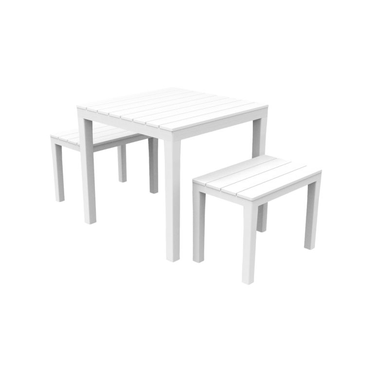 Set salotto da esterno Moncalieri, Set da giardino con 1 tavolo quadrato e 2 panche, Set indoor e outdoor da Pic Nic, 100% Made in Italy, Bianco