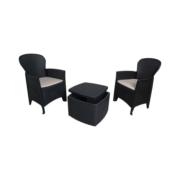 Set salotto da esterno Napoli, Set da giardino con 2 poltrone ed 1 tavolino contenitore, Salottino effetto rattan, 100% Made in Italy, Antracite