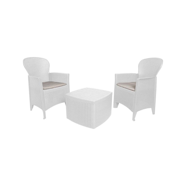 Set salotto da esterno Napoli, Set da giardino con 2 poltrone ed 1 tavolino contenitore, Salottino effetto rattan, 100% Made in Italy, Bianco