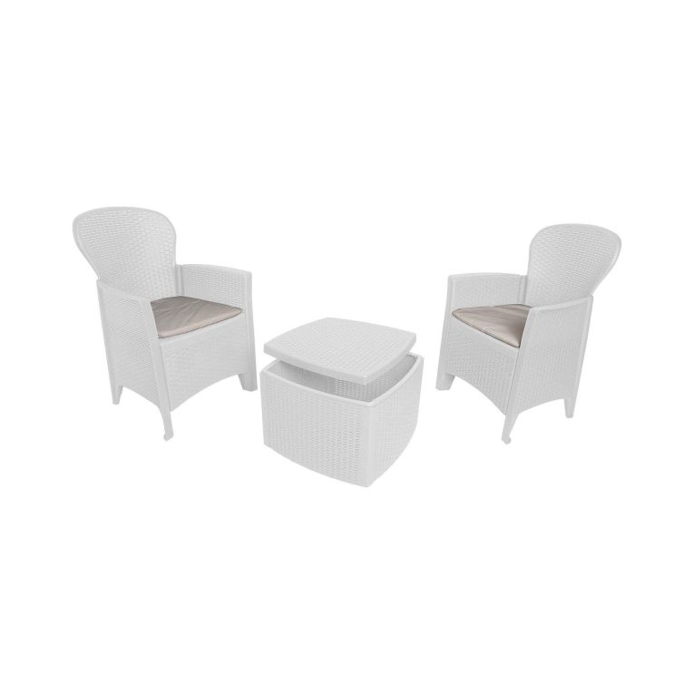 Set salotto da esterno Napoli, Set da giardino con 2 poltrone ed 1 tavolino contenitore, Salottino effetto rattan, 100% Made in Italy, Bianco
