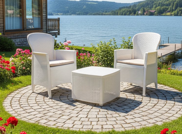 Set salotto da esterno Napoli, Set da giardino con 2 poltrone ed 1 tavolino contenitore, Salottino effetto rattan, 100% Made in Italy, Bianco