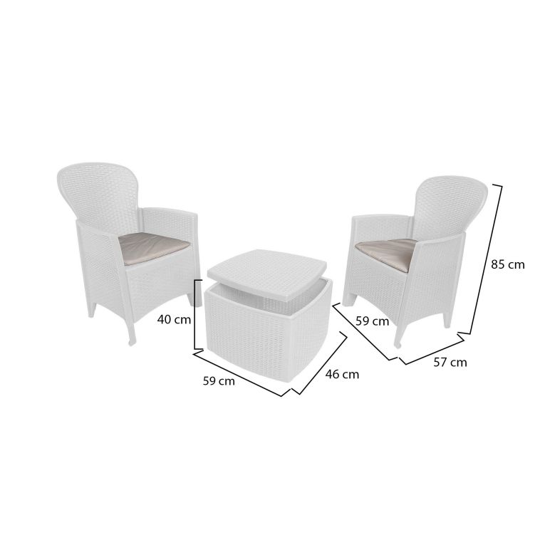 Set salotto da esterno Napoli, Set da giardino con 2 poltrone ed 1 tavolino contenitore, Salottino effetto rattan, 100% Made in Italy, Bianco
