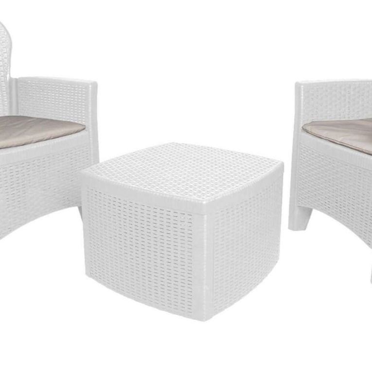 Set salotto da esterno Napoli, Set da giardino con 2 poltrone ed 1 tavolino contenitore, Salottino effetto rattan, 100% Made in Italy, Bianco