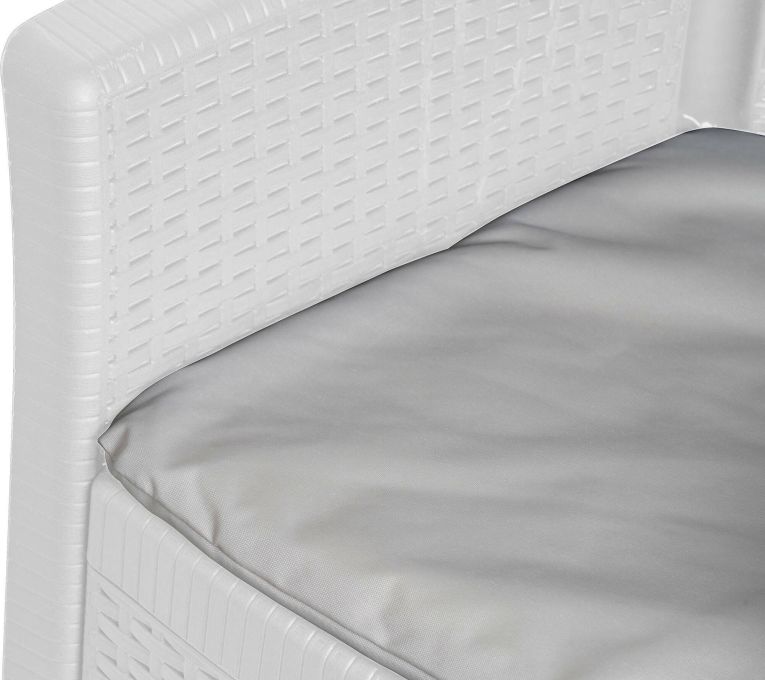 Set salotto da esterno Napoli, Set da giardino con 2 poltrone ed 1 tavolino contenitore, Salottino effetto rattan, 100% Made in Italy, Bianco