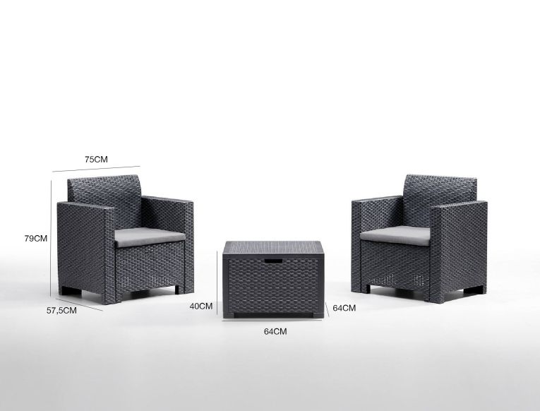 Set salotto da esterno Neptune, Set da giardino con cuscini, Salottino indoor e outdoor effetto rattan, 100% Made in Italy, Antracite