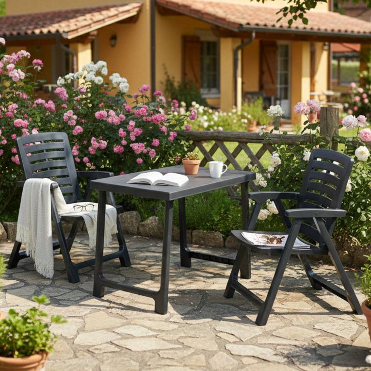 Set Salotto da Esterno Nero Antracite 2 Posti un Tavolino, set da Campeggio Bistrot Made in Italy - Lithia
