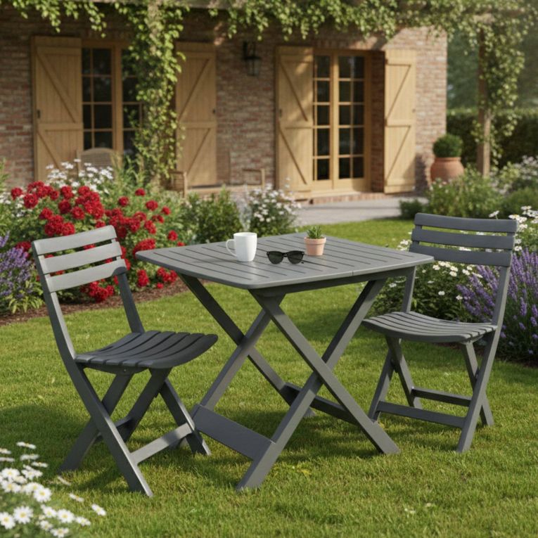 Set Salotto da Esterno Nero Antracite 2 Posti un Tavolino, set Pieghevole Made in Italy - Viticuso