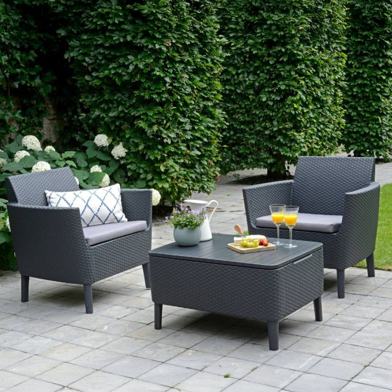 Set Salotto da Esterno Nero Antracite 2 Posti un Tavolino, Tavolo Tavolino Contenitore - Granbyy