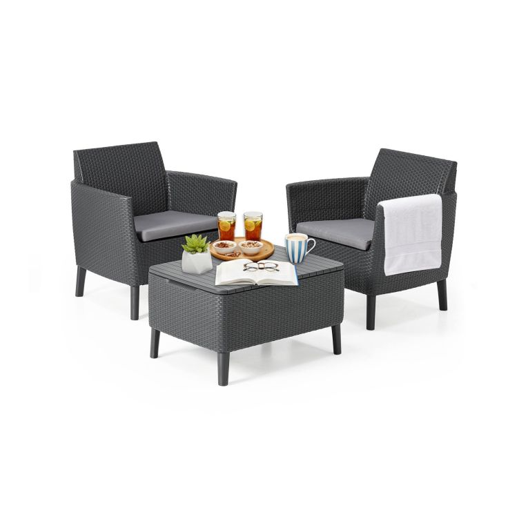 Set Salotto da Esterno Nero Antracite 2 Posti un Tavolino, Tavolo Tavolino Contenitore - Granbyy