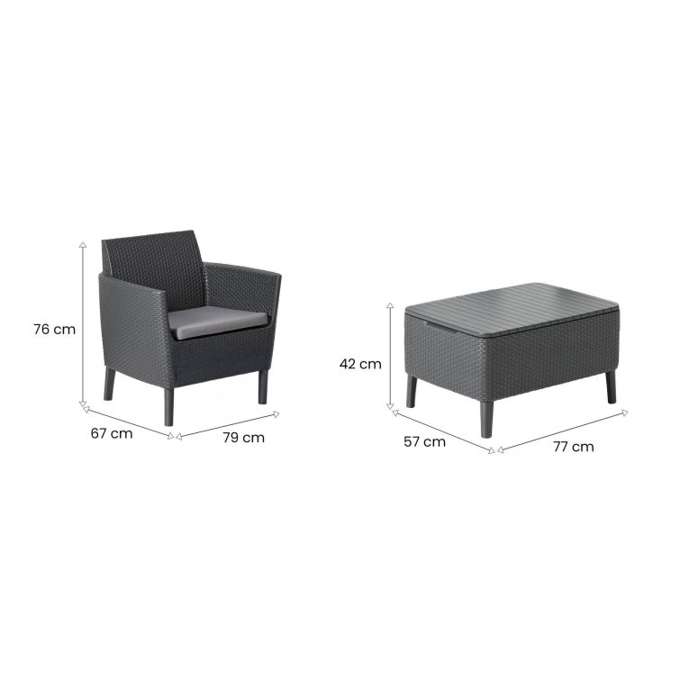 Set Salotto da Esterno Nero Antracite 2 Posti un Tavolino, Tavolo Tavolino Contenitore - Granbyy